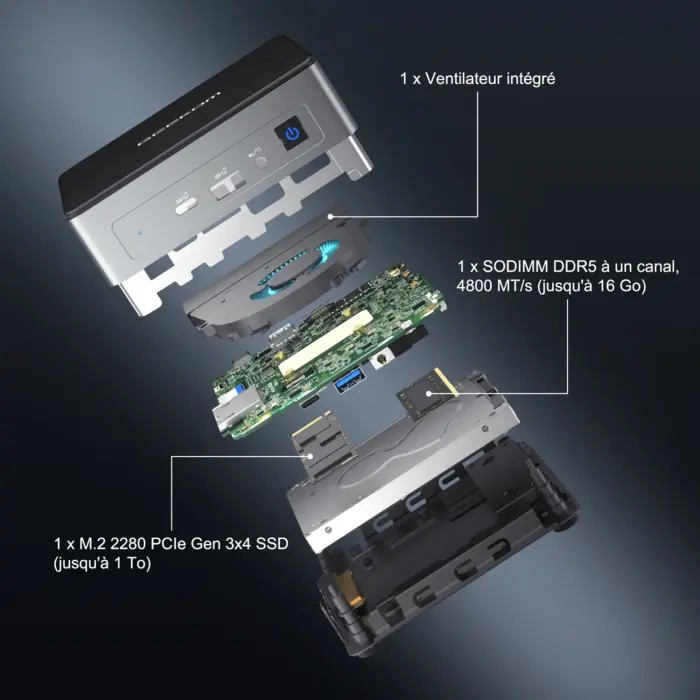 Schéma éclaté du GEEKOM Mini Air 12 Mini-PC avec Intel Alder Lake N100 de 12 ème Génération