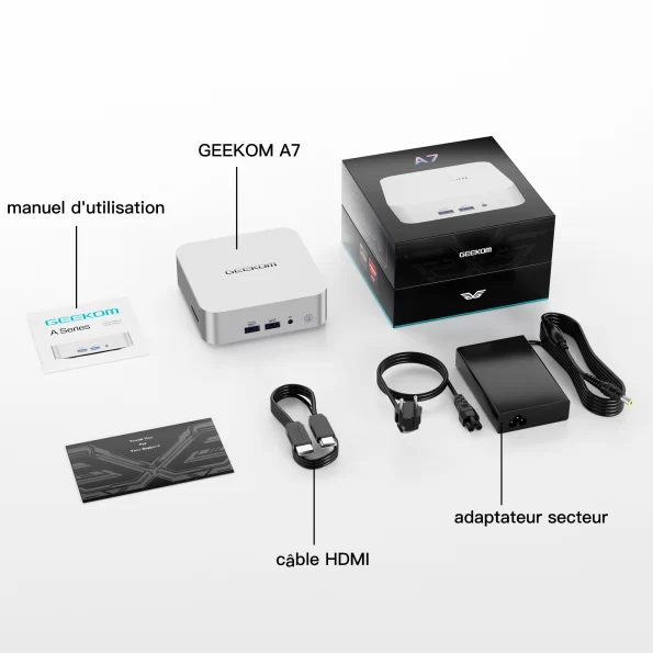 Liste d'emballage du GEEKOM A7 Mini PC AMD Ryzen 7 7840HS