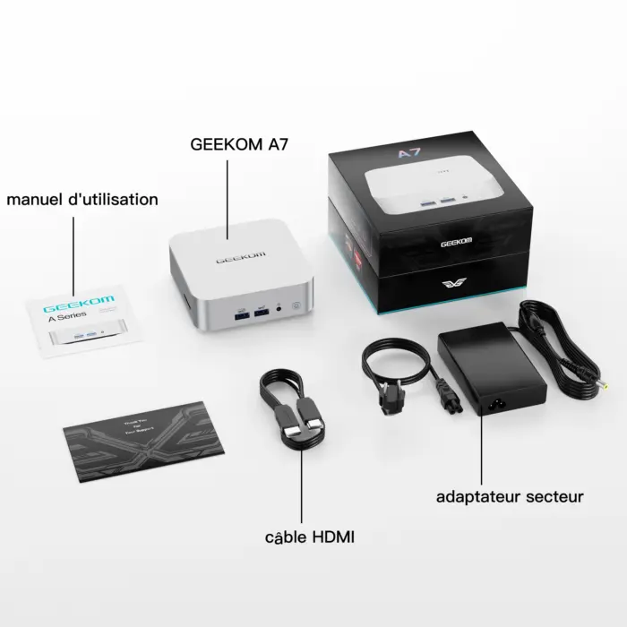 Liste d'emballage du GEEKOM A7 Mini PC AMD Ryzen 7 7840HS