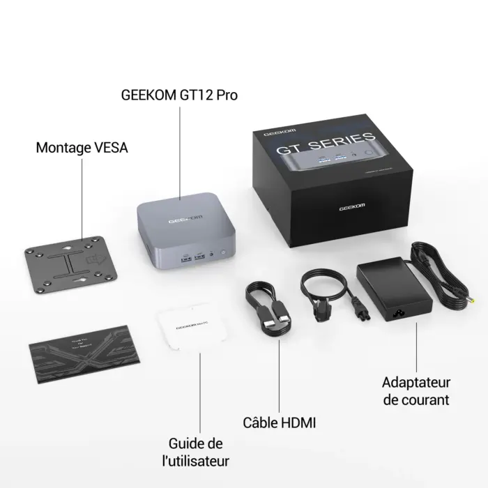 Liste d'emballage du GEEKOM GT12 Pro Mini PC avec Intel® Core™ i9/i7 de 12e génération