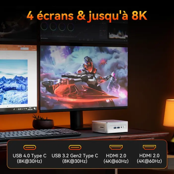Mini PC GEEKOM AE8 AMD Ryzen 9 supporte jusqu'à 4 écrans et une résolution allant jusqu'à 8k.