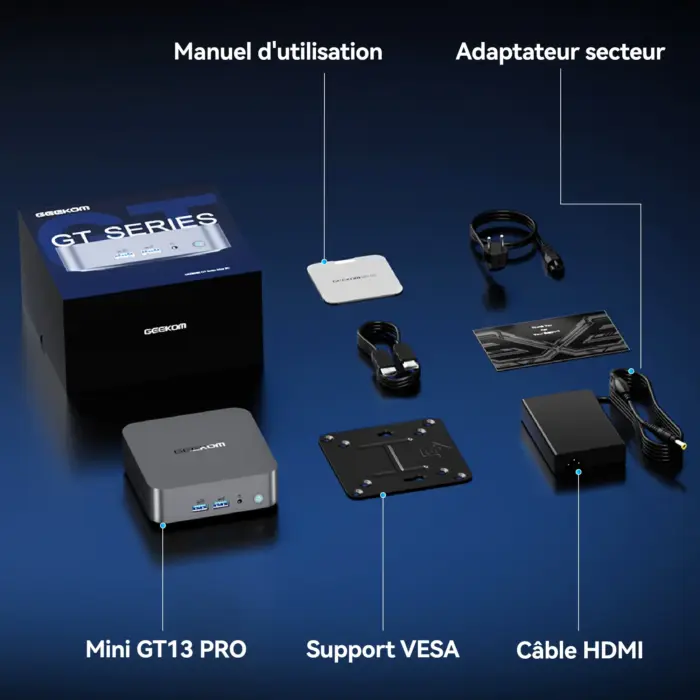 Liste d'emballage du GEEKOM GT13 Pro Mini-PC avec Intel® Core™ i9/i7 de 13ème génération